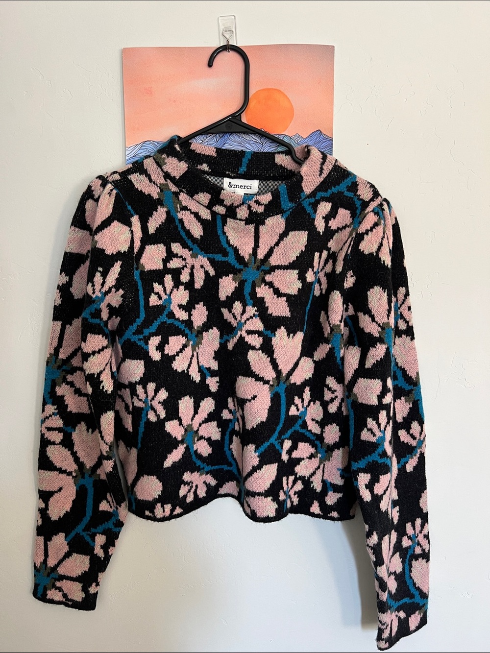 &merci Black Cowlneck Sweater with Pink Floral and Teal Accents